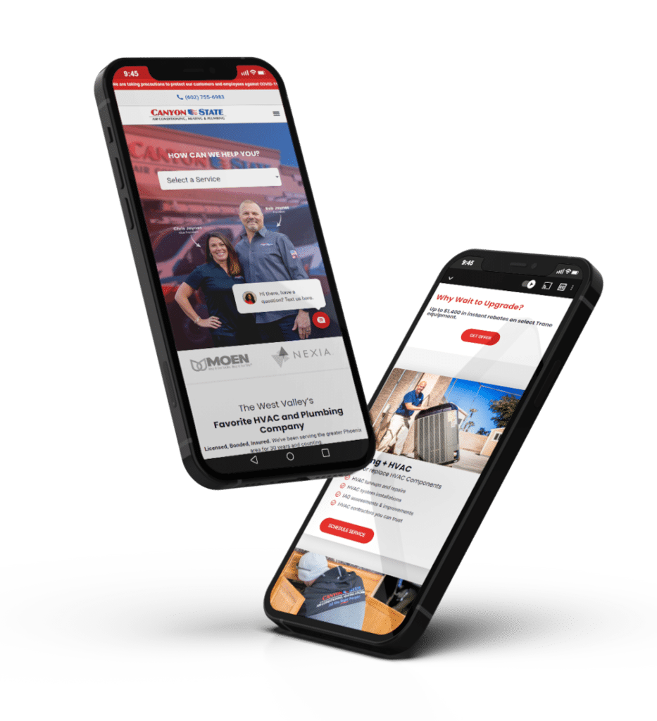 Canyon State Air Conditioning, Heating, and Plumbing website on two mobile devices