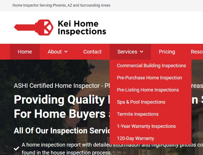home inspector website navigation sample
